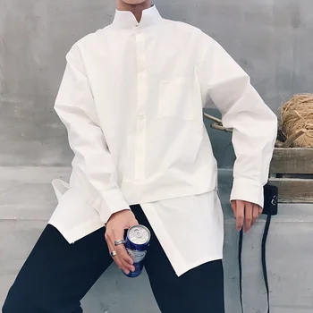 Uzun erkek Kollu Gömlek 2022 Gelgit Tasarım Kazak Gömlek Erkek Trend Yanlış İki Adet Katlanmış Üstleri Gevşek Sonbahar Yeni Y1080  10
