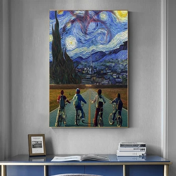 Van Gogh Mavi Yıldızlı Gökyüzü Tuval Boyama Erkek Binmek Bisiklet Posteri ve Baskılar Duvar sanat resmi Oturma Odası Ev Dekor için Cuadro  5