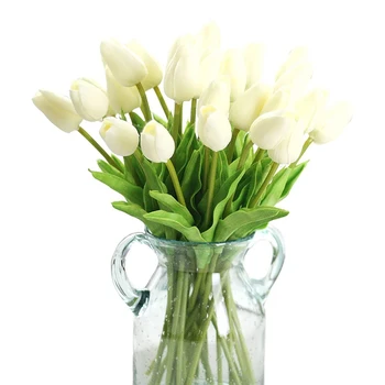 Yapay çiçekler, Sahte buket çiçekler 20 Adet Lale Gerçek Dokunmatik Gelin Düğün Buket Ev Çiçek Dekor İçin(Vazo)  4