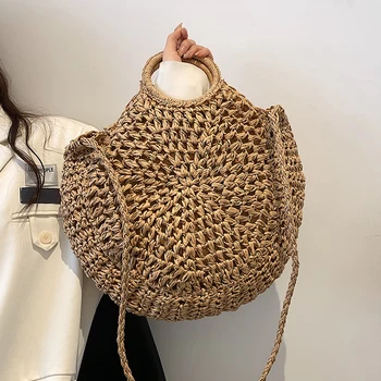 Yaz kişilik büyük kapasiteli çanta 2022 yeni moda tek omuz kadın tasarımcı saman messenger kova çanta  5