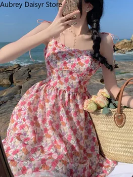Yaz Plaj Çiçek Mini Elbise Kadınlar Vintage Casual Şifon Spagetti kemerli elbise Japon Kawaii Seksi Akşam Parti Elbise 2022  4