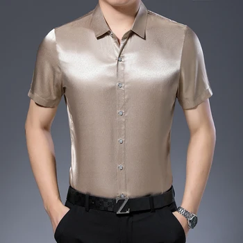 Yeni Geliş Erkek Kısa Kollu Yumuşak İpek Gömlek Rahat Saf Renk Adam İpek Elbise Gömlek Ücretsiz Kargo  5