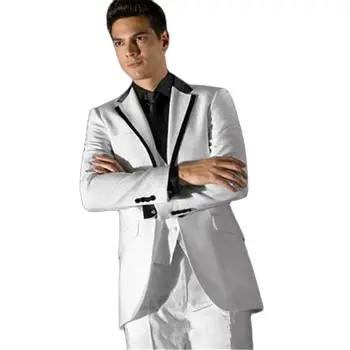 Yeni zarif erkek takım elbise Tasarım Siyah ve Beyaz Ekleme Yaka Beyaz Büyüleyici Damat Smokin Erkekler İçin Düğün erkek takım elbise 3 parça set (ja  5
