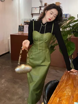 Yeşil Pu yaz elbisesi Retro Yüksek Bel Askı Tüp Üst Kadınlar Vintage Moda Bahar 2022 Yeni Deri Seksi Kulübü Vestidos  10