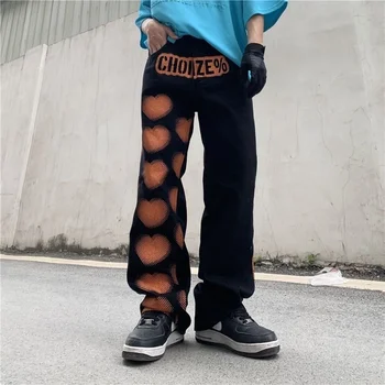 Yüksek Sokak Hip-Hop Pantolon Aşk Graffiti Kot erkek Büyük Boy Gevşek Düz pantolon Mizaç Banliyö Tüm Maç Rahat pantolon  2