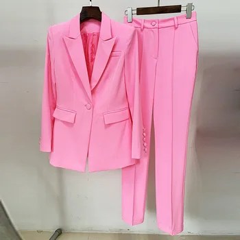 YÜKSEK SOKAK Yeni 2022 Pist Tasarımcı Takım Elbise Seti kadın Tek Düğme Blazer Pantolon Takım Elbise Pembe Zarif Kadın Kıyafetler Kore Bayan  5