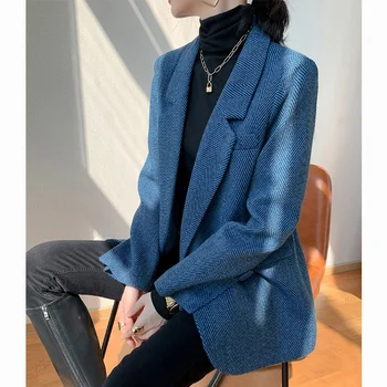 Yün Zarif Ceket Mavi Takım Elbise Ceket Kadın 2023 Sonbahar Kış Yeni Stil Eğlence İngiliz Blazer Hırka  5