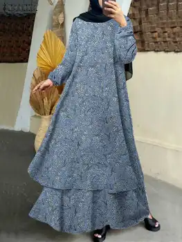 ZANZEA Kadın Çiçek Baskılı Müslüman Elbise O-Boyun Uzun Kollu Kat Uzunluk Sundress Bohemian Casual Zarif Gevşek Tatil Elbise  5