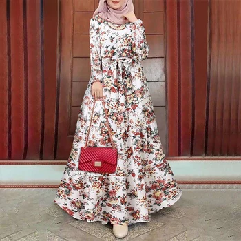 Zarif Çiçek Müslüman Elbise Kadınlar Baskılı Sundress Kaftan Türkiye Abaya Başörtüsü Vestidos Kuşaklı Kadın Elbise İslam Giyim  4