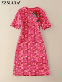 ZZSLUIA Zarif Elbiseler Kadınlar Için Çiçek Aplikler Tasarımcı Ince Midi Elbise Moda Kısa Kollu Vintage Elbiseler Kadın Giyim  5
