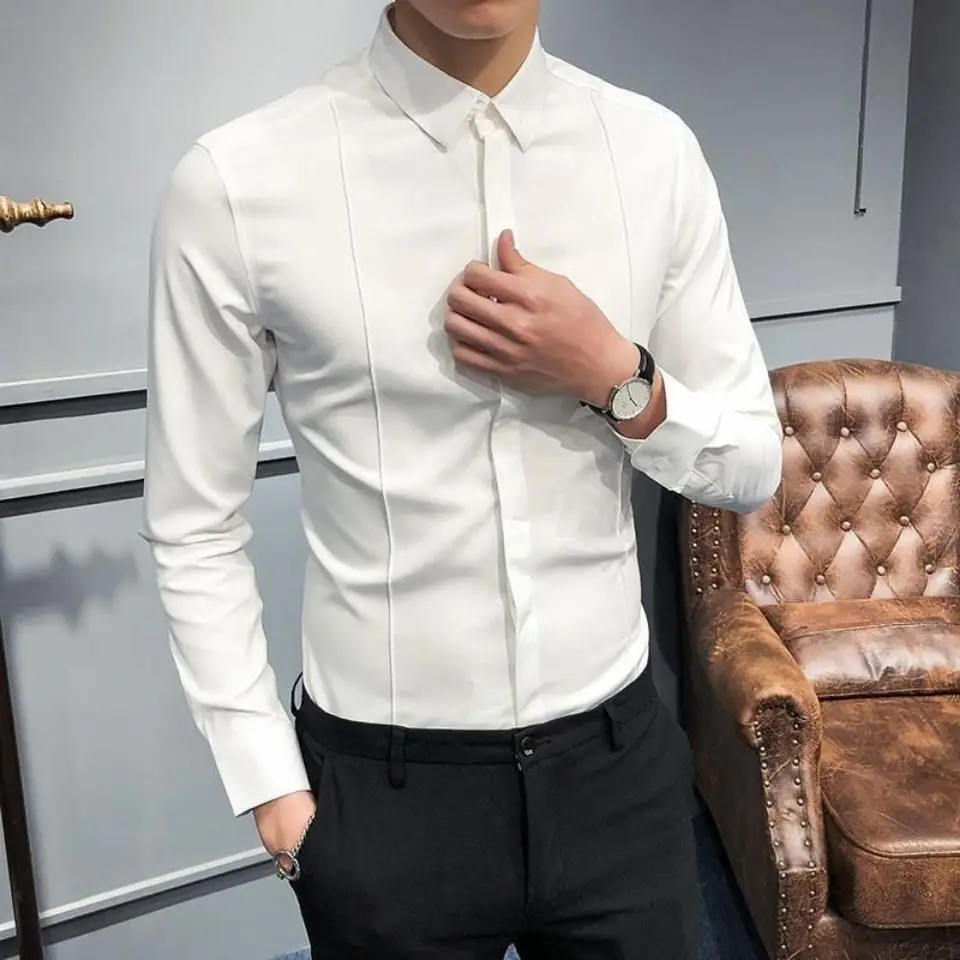 Katı Uzun Kollu Gömlek Erkek Giyim Moda 2022 Sonbahar İş resmi giysi Chemise Homme Slim Fit Masculina Bluz Tops Y04