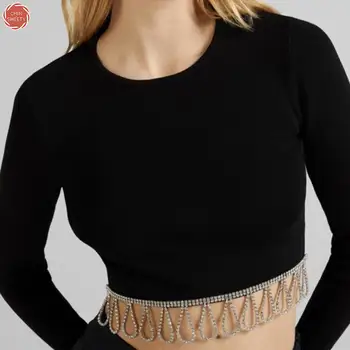 Çene Tatlı Rhinestone Püsküller Kadın Kısa Gömlek O-boyun İnce Seksi Bayanlar Kırpma Üstleri 2022 Sonbahar Yeni Katı Streetwear Kadın Üst  4