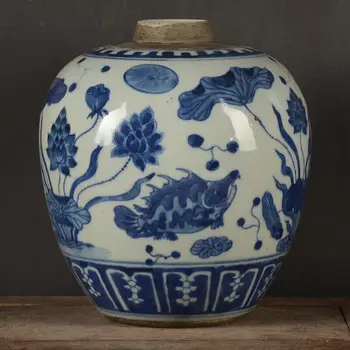 Çin Qing hanedanı Mavi & beyaz Porselen Balık çim desen tankı vazo pot  4