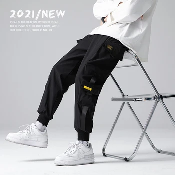 Şeritler Harem Joggers erkek kargo pantolon Streetwear 2021 Hip Hop Rahat Cepler eşofman altları Erkek Harajuku Moda Pantolon  3