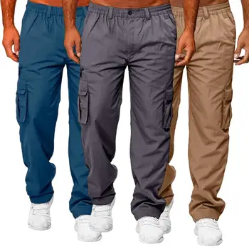 Şık İnce Dikiş El Sanatları Ayak Bileği Uzunluğu Düz Renk Çok Cepler Erkek Kargo Pantolon Günlük Giyim Rahat Pantolon Rahat pantolon  5
